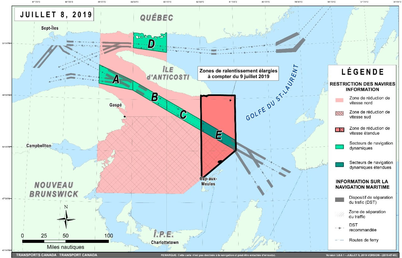 Un corridor de navigation a été réduit à 10 noeuds entre la Gaspésie et Anticosti, ainsi qu'un autre entre la Minganie et Anticosti. Une large zone était fermée à la pêche.