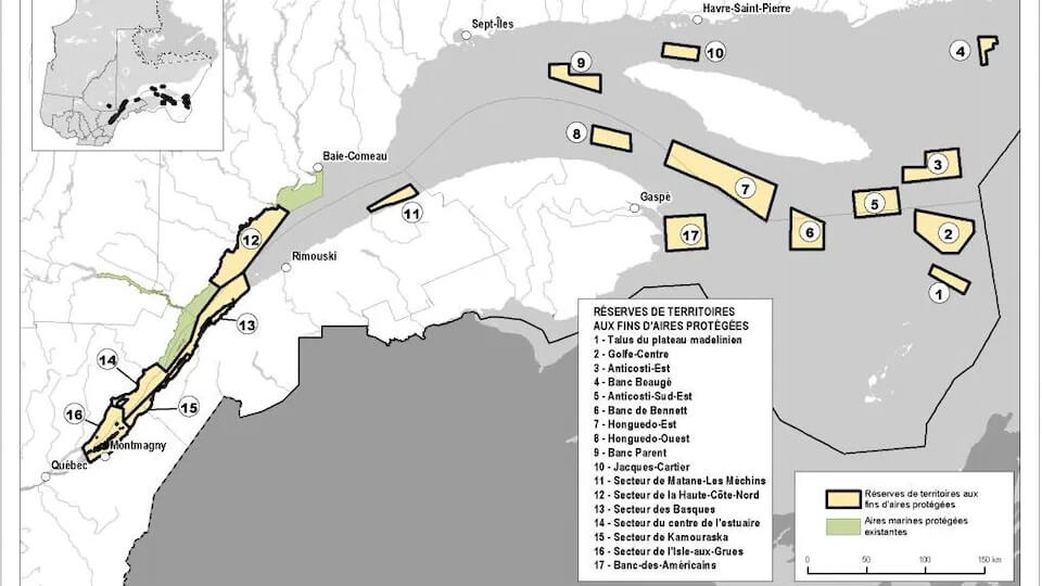 Carte illustrant plusieurs zones maritimes à conserver.